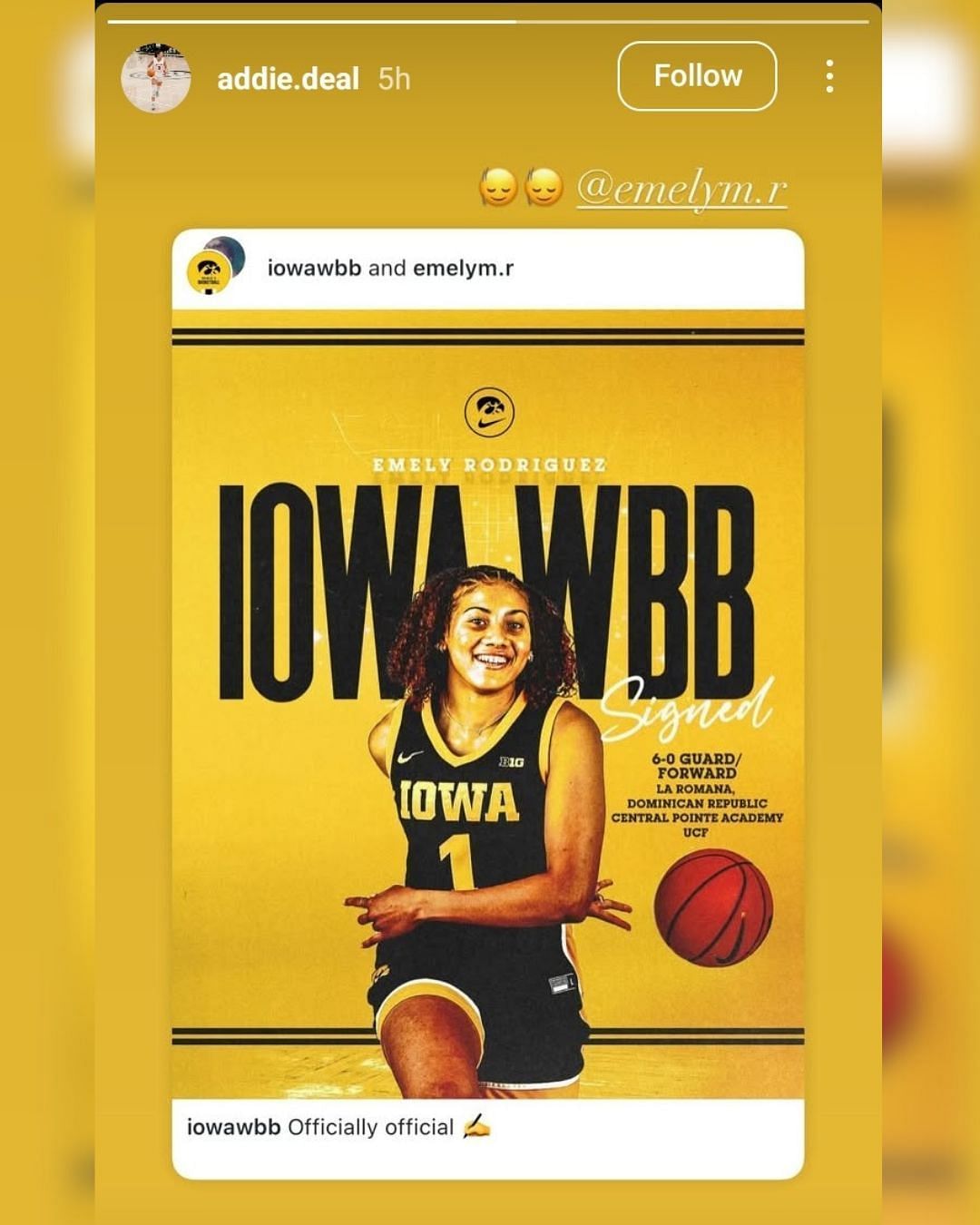 Iowa Hawkeyes signee Addie Deal shares her reaction as former UCF player Emely Rodriguez joins Jan Jensen's team. (Image via Instagram @addie.deal)